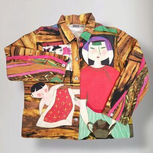 Vintage 90s Chicos Tea Time Geisha Baby Jacket Size 3 XL Japan Boho Wearable Art